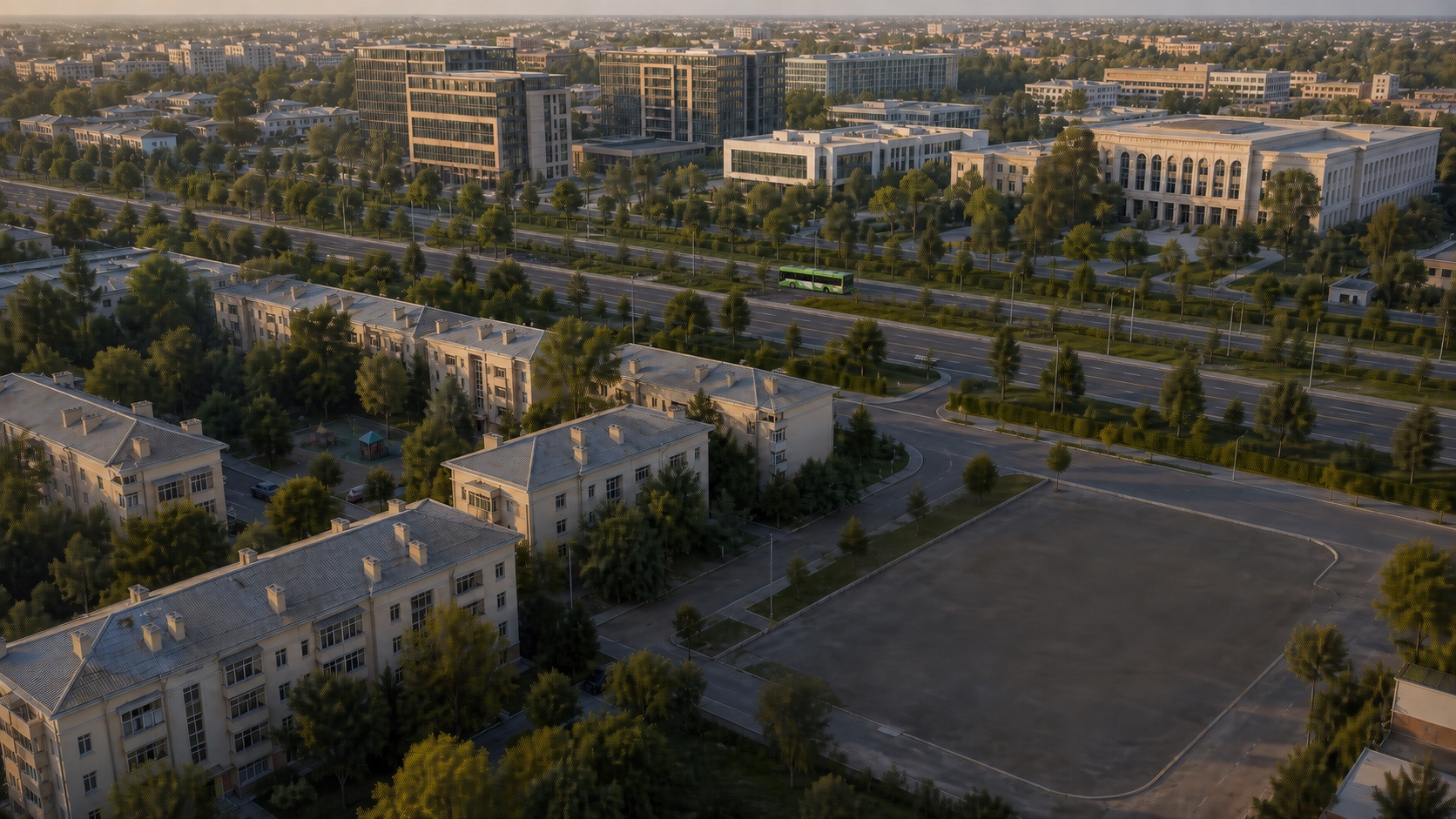 Синтетическая городская сцена: жилой район отделён от существующего автобусного маршрута